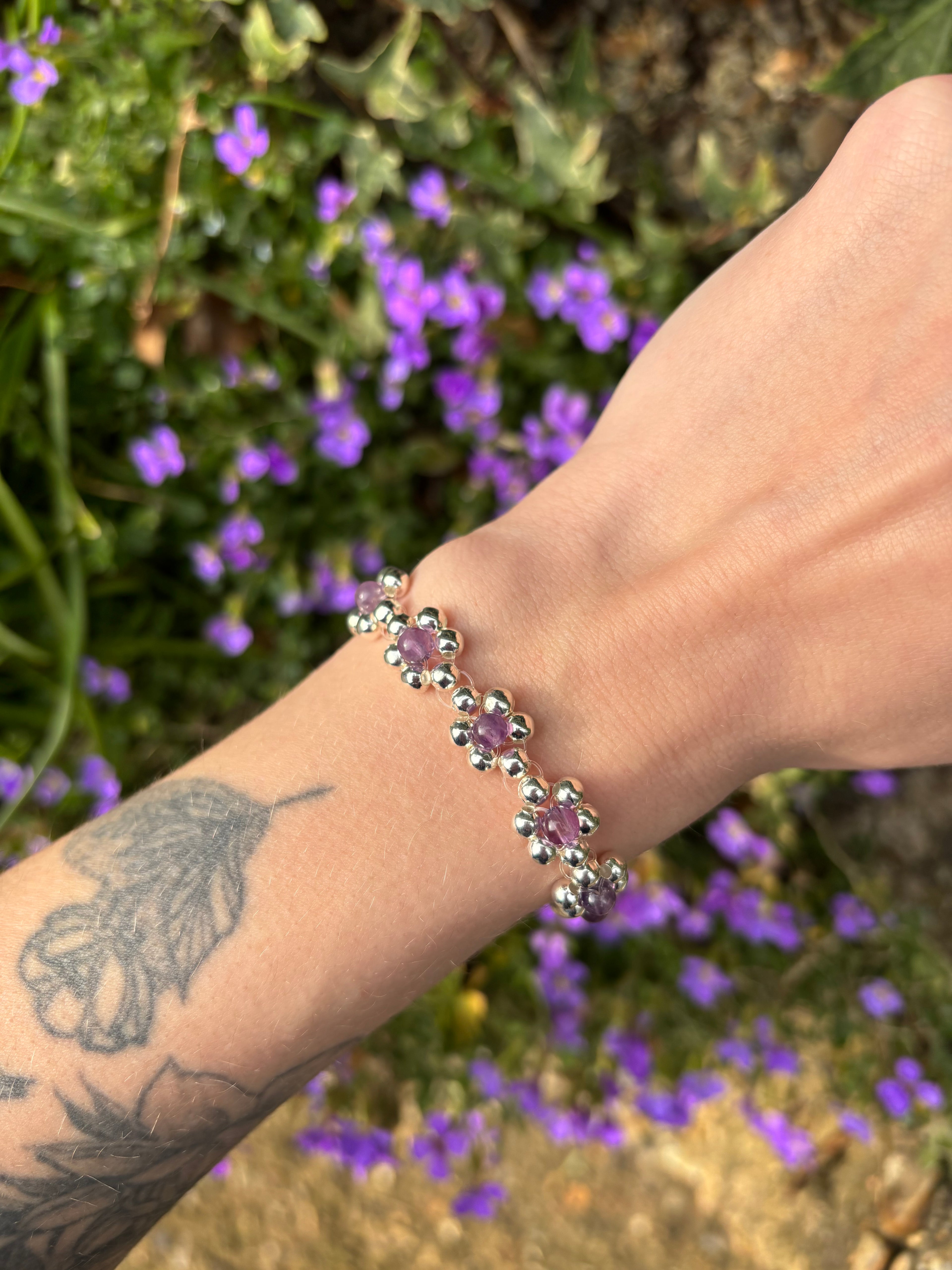 Beaded Amethyst flower bracelet
